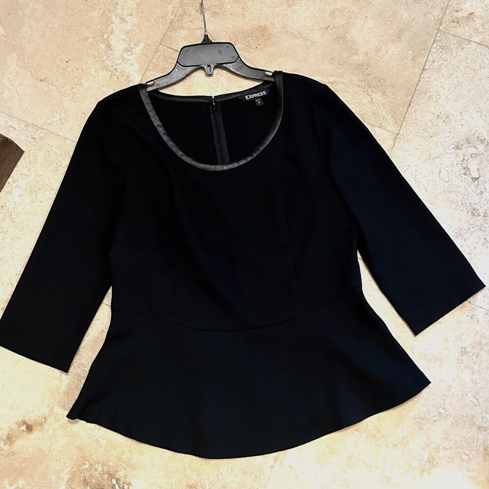 Express Black Peplum Top,  Trim with  faux leather at neckline,  Size Medium